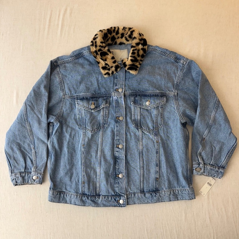 NWT Pilcro The Weston Denim Boyfriend Jacket Womens Large Leopard Collar Edition - Picture 4 of 15